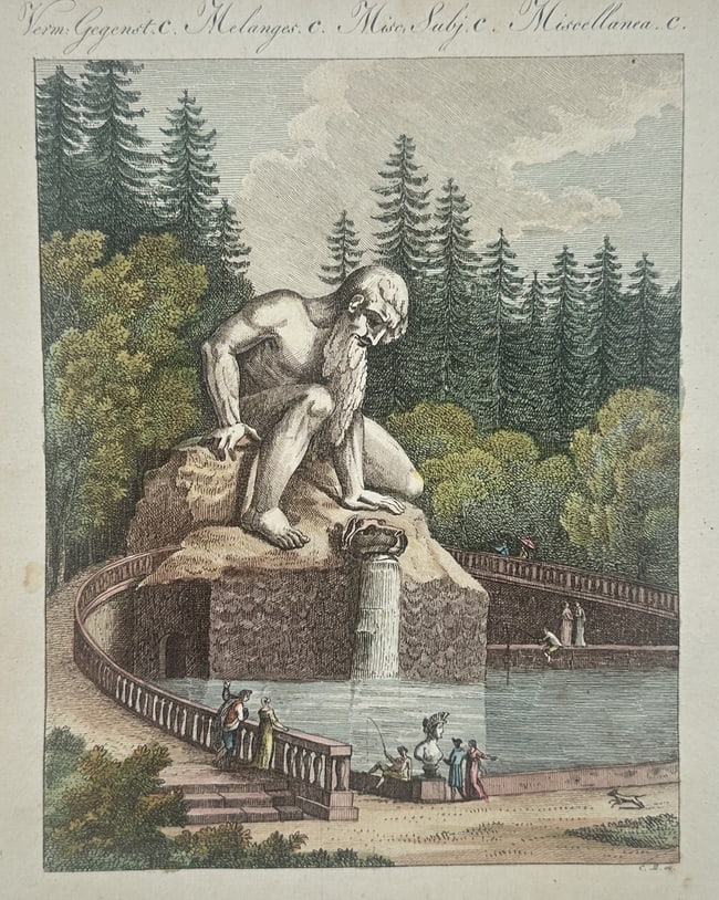 Friedrich Justin Bertuch (1747–1822) – View of the Colossal Statue of Hercules at Kassel: "View of the Colossal Statue of Hercules at Kassel" depicts the monumental stone sculpture of the Greek hero situated within the Bergpark Wilhelmshöhe. The composition features the muscular figure of