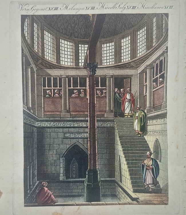 Friedrich Justin Bertuch (1747–1822) – View of the Temple of the Sun at Palmyra – etching: "View of the Temple of the Sun at Palmyra" depicts a grand interior architectural scene featuring a large central column and a vaulted ceiling with intricate patterns. The composition shows figures in