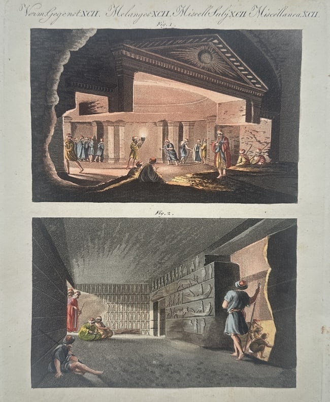 Friedrich Justin Bertuch (1747–1822) – Views of Ancient Tombs and Funerary Rites – etching: "Views of Ancient Tombs and Funerary Rites" consists of two hand-coloured etchings depicting ceremonial scenes within architectural settings. The upper image illustrates a large, stone classical templ