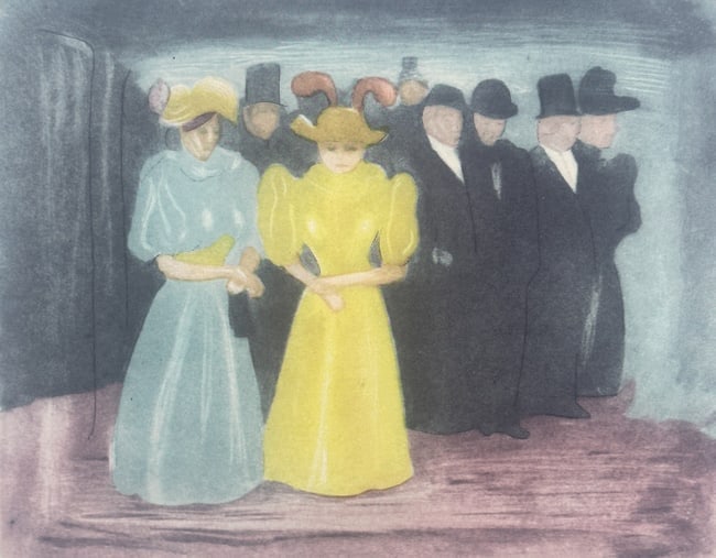 Edvard Munch (1863–1944) – The Girls on the Bridge – Offset print (20th Century): Pikene på broen" is a 20th Century offset print depicting a group of figures standing on a pier or bridge by the water. This work is based on a woodcut by the artist and was produced for a modern col