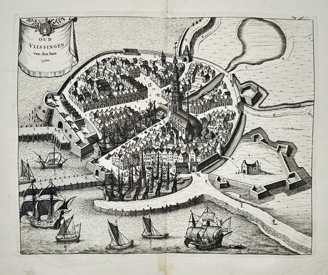 Mattheus Smallegange (1624–1710) – Map of Old Vlissingen in the Year 1500: This engraving presents a historical bird's-eye view of the city of Vlissingen as it appeared in the year 1500. The composition shows the early urban layout within its circular defensive walls and gat