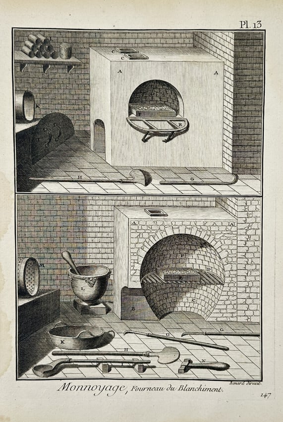 Robert Bénard (1734–1777) – Technical Illustration of Blanking and Annealing Furnaces: "Monnoyage, Fourneau du Blanchiment." This engraving illustrates the specialized furnaces and tools used in the chemical cleaning and annealing phases of eighteenth-century coin production. The upper