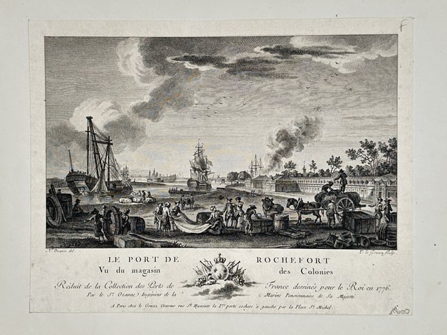Nicolas-Marie Ozanne (1728–1811) – View of the Port of Rochefort – France – Etching: "Le Port de Rochefort Vue du magasin des Colonies." This etching presents a detailed maritime view of the naval port of Rochefort, focusing on the colonial warehouses and the bustling activity along t