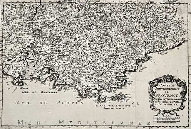 Nicolas Sanson – Map of the County and Government of Provence – France – Engraving (1651): "Comté et Gouvernement de Provence avec les Pays circonvoisins." This engraving presents a detailed cartographic survey of the Provence region in southeastern France, extending from the Rhone river i