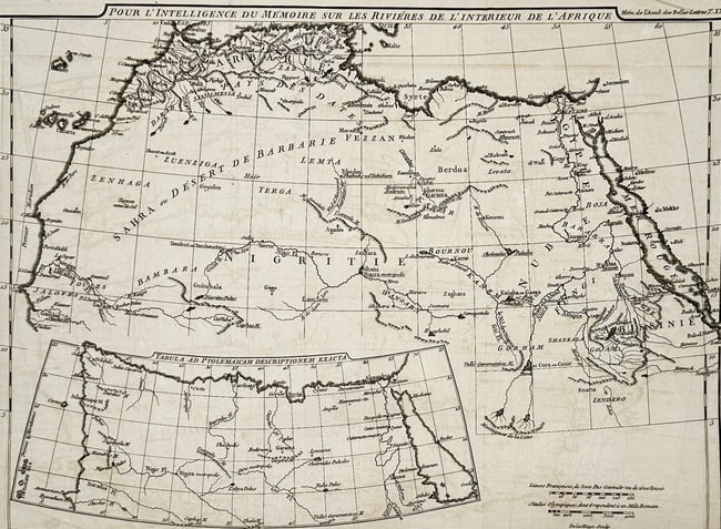 Jean-Charles Delahaye (1720–1790) – Map of Northern Africa – Engraving (1790): "Pour l'Intelligence du Memoire sur les Rivieres de l'Interieur de l'Afrique." This engraving presents a detailed cartographic study of the interior of northern Africa, focusing on the major river sys