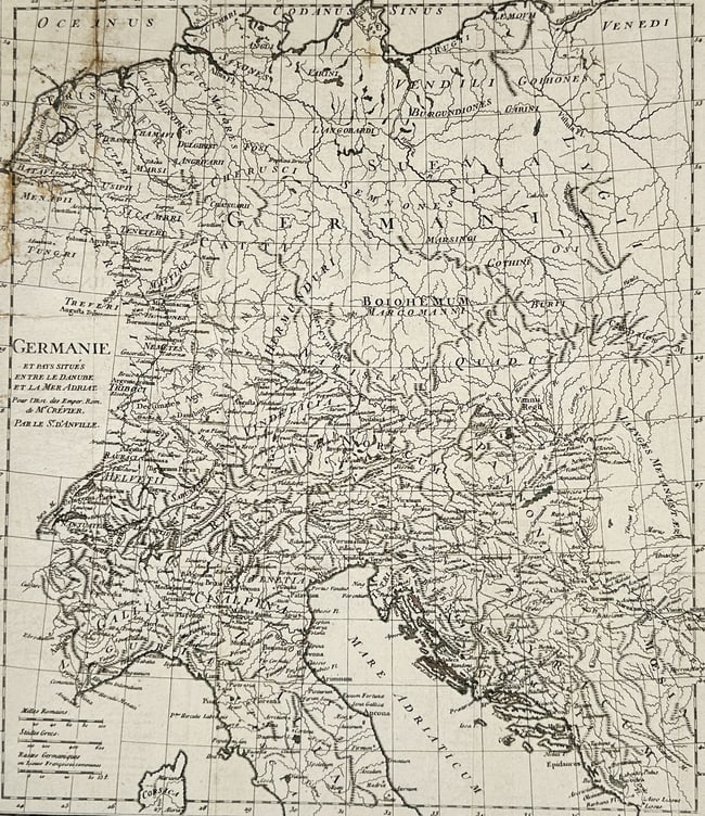 Jean-Baptiste Bourguignon d'Anville – Map of Germania – Central Europe – Engraving (1774) (1 of 2)