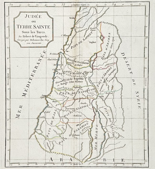 Didier Robert de Vaugondy (1723–1786) – Map of Judea or the Holy Land – Levant: "Judée ou Terre Sainte Sous les Turcs." This engraving presents a detailed cartographic survey of the Holy Land during the late eighteenth century, highlighting its administrative divisions under Ott