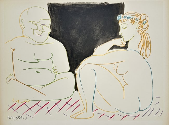 Pablo Picasso (1881–1973), after – Seated Figures in the Studio – Offset print (20th Century): "Verve 29-30." This offset print depicts a seated male figure and a nude female figure facing each other in a studio setting. The composition is executed with fluid, multi-colored line work in shades 