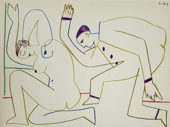 Pablo Picasso (1881–1973), after – Two Figures – Offset print (20th Century): "Verve 29-30." This offset print depicts a stylized female figure in a crouching pose on the left and a male figure in a leaning posture on the right. The composition is rendered with fluid, multi-col