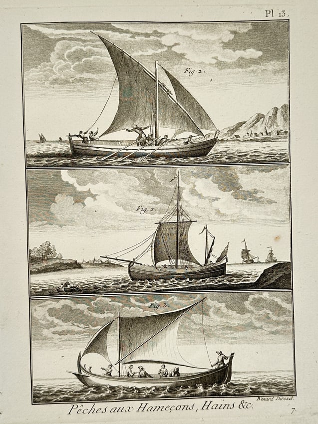 Robert Bénard (1734–1777) – Marine Fishing with Hooks and Lines – Engraving (1771): "Pêches aux Hameçons, Hains &c." This engraving features three horizontal registers illustrating different types of traditional fishing vessels and techniques utilized in the eighteenth century. The