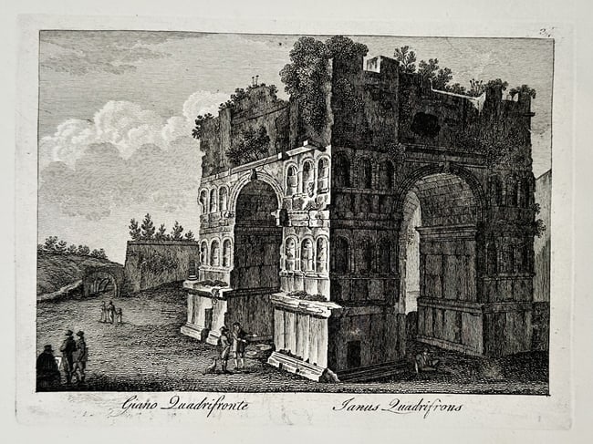 Pietro Parboni (1783–1841) – View of the Arch of Janus – Rome – Etching (18th Century): "Giano Quadrifronte." This etching presents a detailed architectural view of the Arch of Janus (Janus Quadrifrons), the only quadrifrons triumphal arch preserved in Rome, located in the Forum Boarium.
