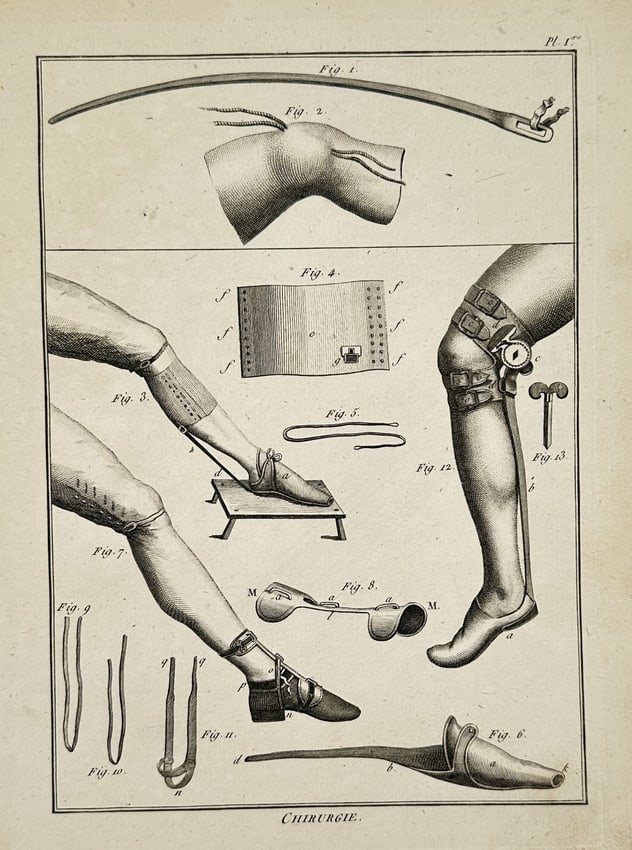 Robert Bénard (1734–1777) – Medical Illustration of Orthopedic and Surgical Apparatus: "Chirurgie." This engraving presents a detailed technical study of eighteenth-century orthopedic devices and specialized surgical tools designed for the stabilization and extension of the lower limbs.
