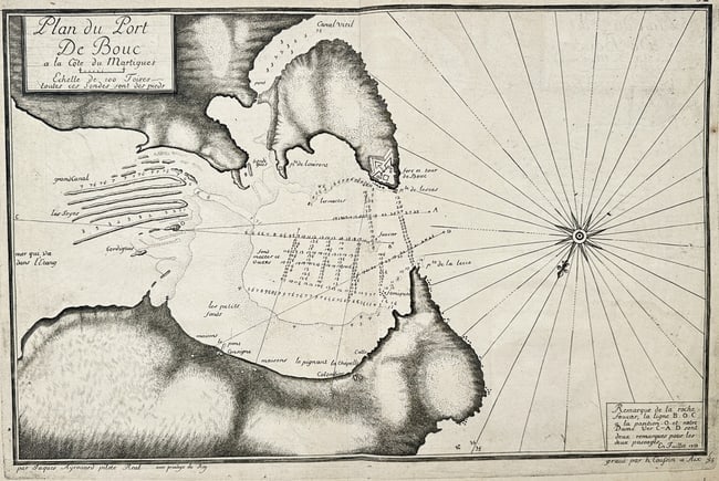 Jaques Ayrouard (Active 1730s) – Map of the Port of Bouc – France – Etching (1746): Plan du Port De Bouc a la Cote du Martigues." This etching provides a detailed maritime and hydrographic chart of Port-de-Bouc along the Mediterranean coast of France. The composition features a compa