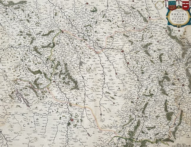 Joan Blaeu – Map of the Diocese of Rheims and Rethel – France – Engraving (1662): "Diocese de Rheims et le Pais de Rethel." This hand-coloured engraving provides a comprehensive cartographic study of the Champagne region in northeastern France, centered on the ecclesiastical jurisd