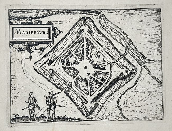 Georg Braun (1541–1622) and Franz Hogenberg (c. 1535–1590) – Map of Mariembourg: This is a detailed bird's-eye view map of the fortified town of Mariembourg, located in the province of Namur, Belgium. The map emphasizes the town's highly symmetrical, star-shaped defensive geometry