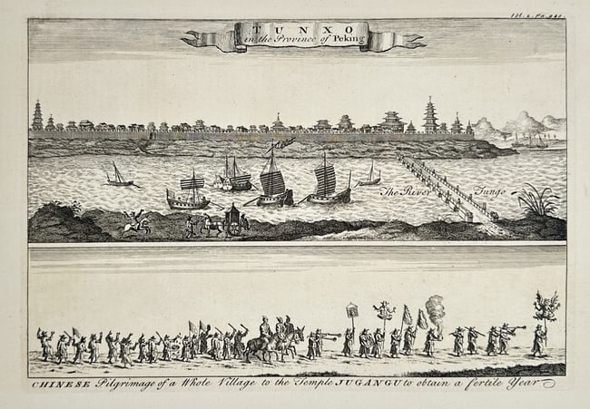 Emanuel Bowen (c. 1694–1767) – Tunxo in the Province of Peking and Chinese Pilgr: This composite print illustrates two scenes of Chinese topography and custom, both sourced from travel accounts concerning the region near Peking (Beijing). The upper panel shows a walled city on the 