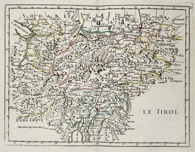 Georges-Louis Le Rouge (c. 1712–1790) – Map of the Tyrol Region – Copperplate engraving: This copperplate engraving is a detailed topographical map of the historical County of Tyrol, a region encompassing parts of modern-day Austria and Italy, labeled "Le Tirol." The map extends its cover