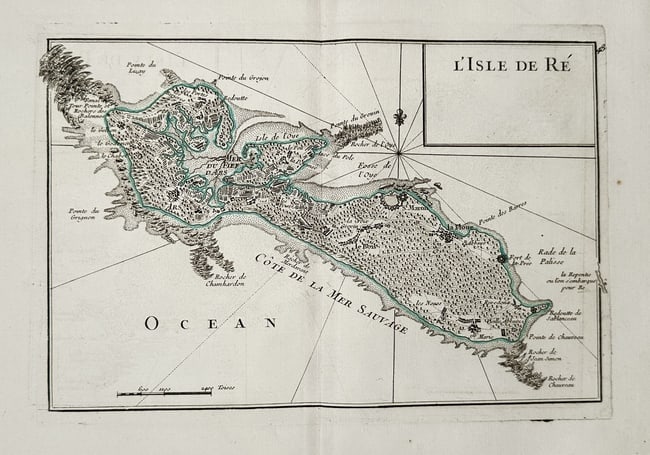 Georges-Louis Le Rouge (c. 1712–1779) – Map of the Isle of Ré (L'Isle de Ré) France: This hand-colored copperplate engraving presents a detailed nautical and topographical map of the Île de Ré, located off the west coast of France. The map meticulously delineates the island's irregu