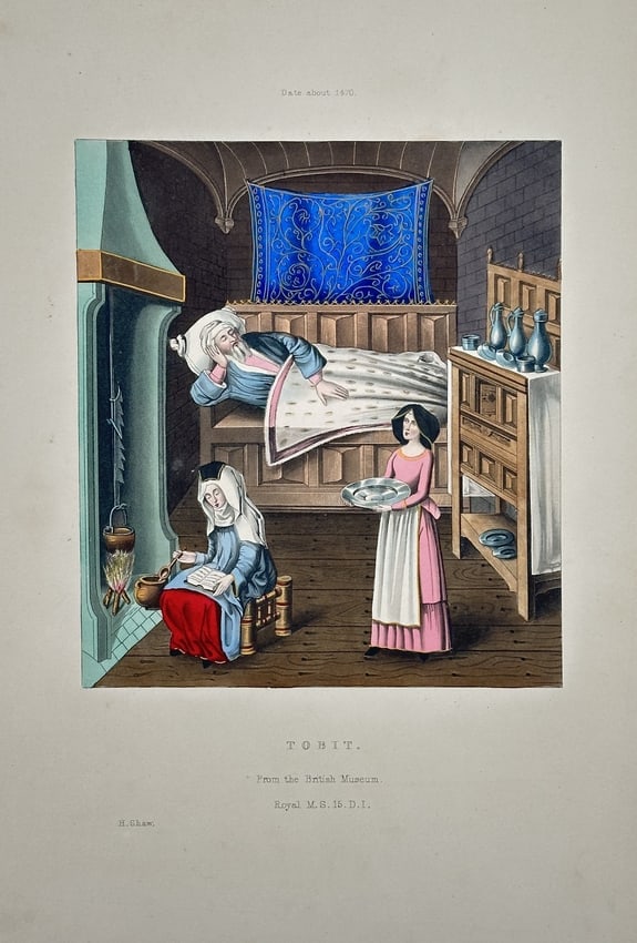 Henry Shaw (1800–1873) – Tobit – Hand-colored illustration (Circa 1840): This print is an illustration titled Tobit, depicting a domestic scene with figures in medieval attire, taken from a historical manuscript. The interior scene shows an elderly, bearded man (Tobit) lyi