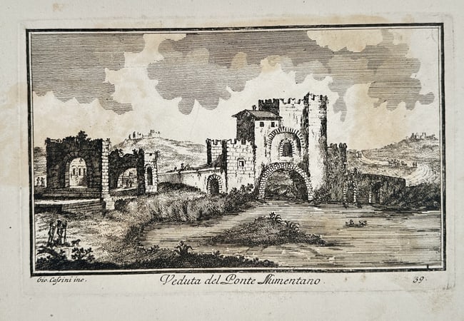 Giuseppe Vasi – View of the Nomentano Bridge (Ponte Nomentano), Map of Rome: This topographical engraving depicts the Ponte Nomentano (Nomentano Bridge) in Rome, showing the ancient bridge and its defensive gate tower, which stands partially ruined amidst the surrounding hills