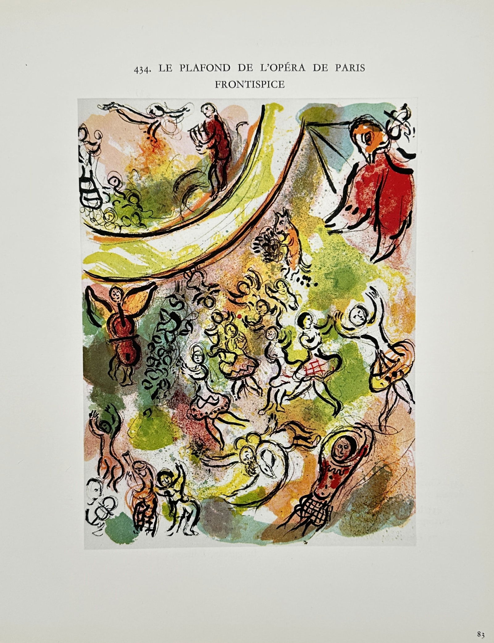 Marc Chagall (1887-1985), after – The Paris Opera Ceiling – Offset print (20th Century): "Le Plafond de l'Opéra de Paris" depicts a vibrant, dreamlike composition featuring figures dancing, floating musicians, and whimsical creatures associated with the ceiling of the Paris Opera House.