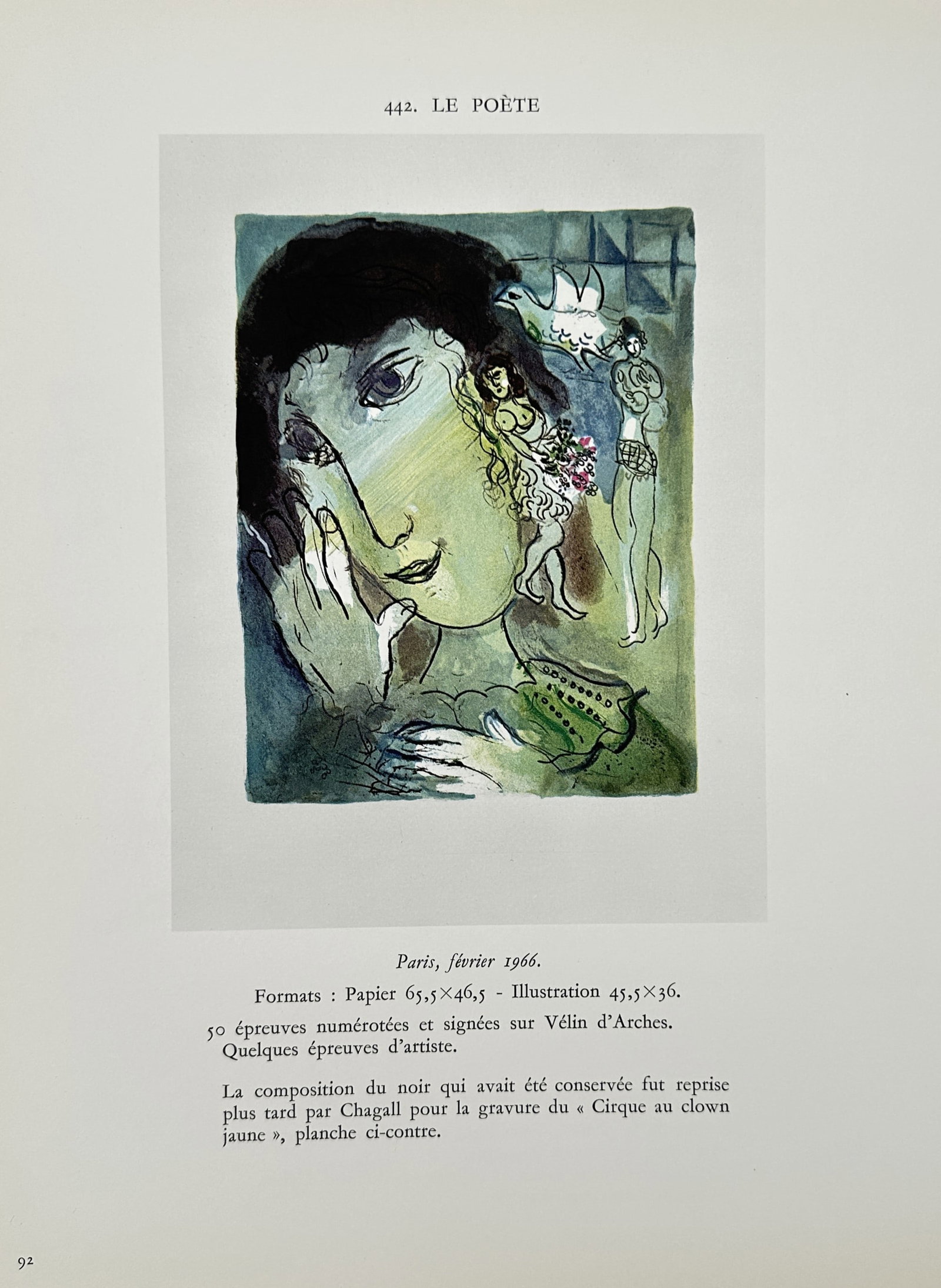 Marc Chagall (1887-1985), after – The Poet – Offset print (20th Century): "Le Poète" presents a dreamlike, evocative scene centered on a large, pensive face, with smaller figures and a bird integrated into the composition, rendered in a palette of cool blues and greens. Th