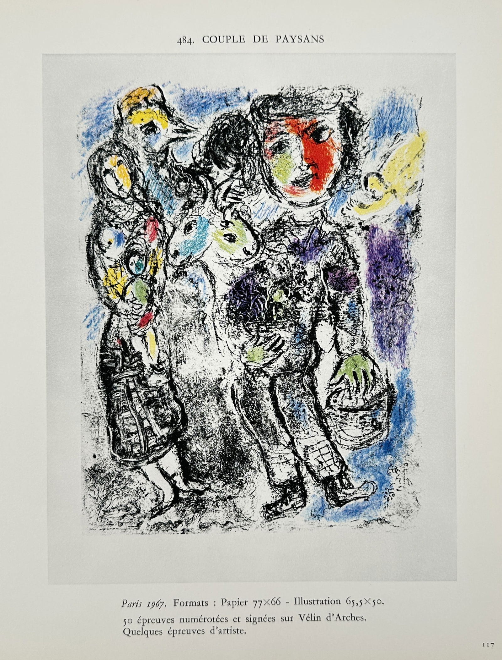 Marc Chagall (1887-1985), after - Couple of Peasants - Offset print (20th Century): "Couple de Paysans" depicts a peasant couple in a textured, expressionistic style common to the artist's work, rendered with rich colors and characteristic figures. This work dates to 1967. Marc Chaga