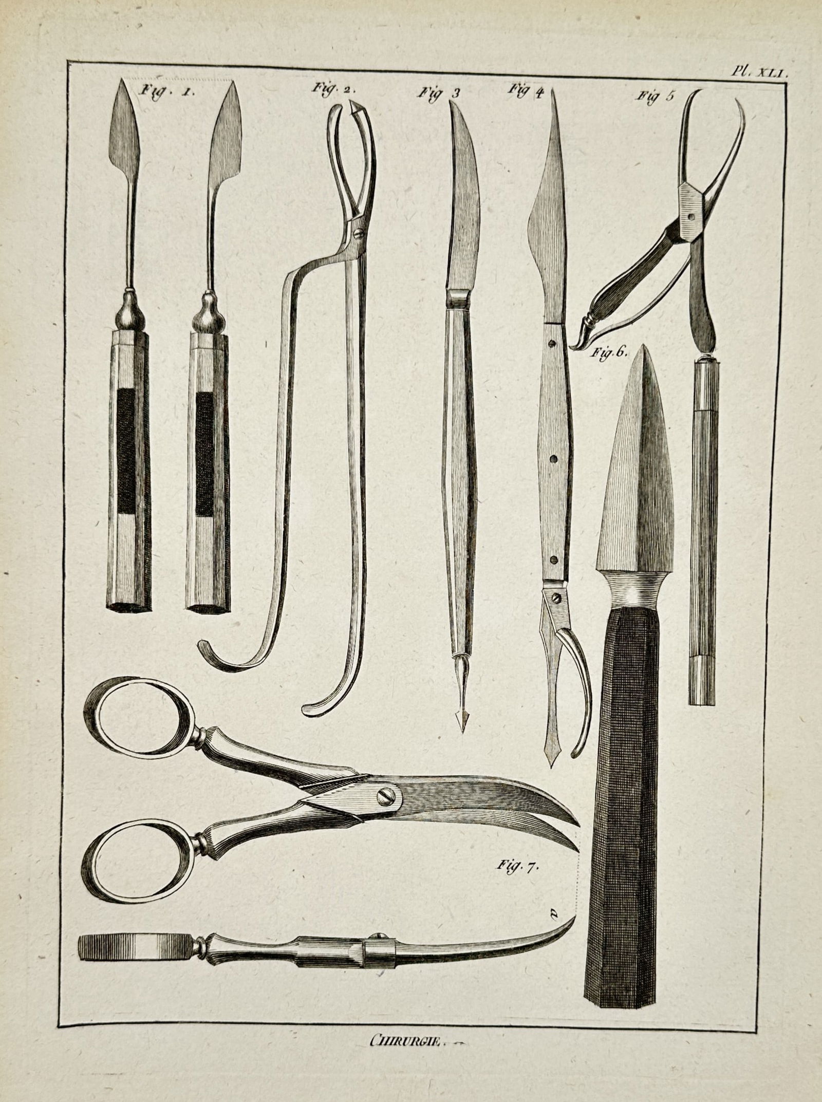 Robert Benard (1734-1785) – Collection of Surgical Instruments – Engraving (1765): "Chirurgie" depicts a collection of surgical instruments, including scalpels, forceps, and scissors, used in medical procedures. This engraving appears in the Diderot and d'Alembert Encyclopedie, publ