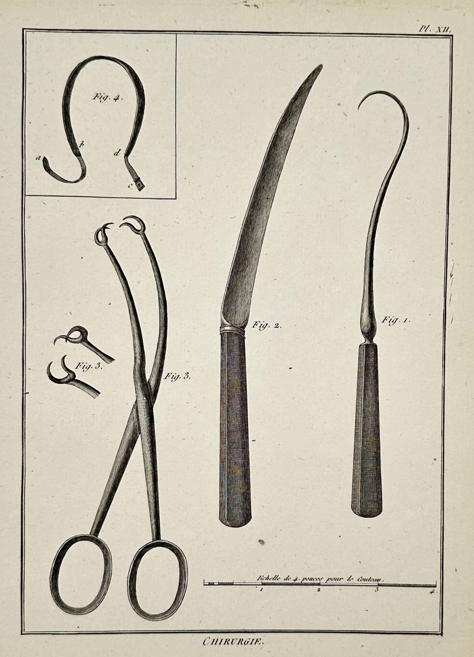 Robert Benard (1734-1785) - Various Surgical Instruments - Engraving (1765): Chirurgie, Pl. XII illustrates various surgical tools, including a probe, a curved instrument, and a specialized clamp, as they appeared in the Diderot and d'Alembert Encyclopedie published in Paris.