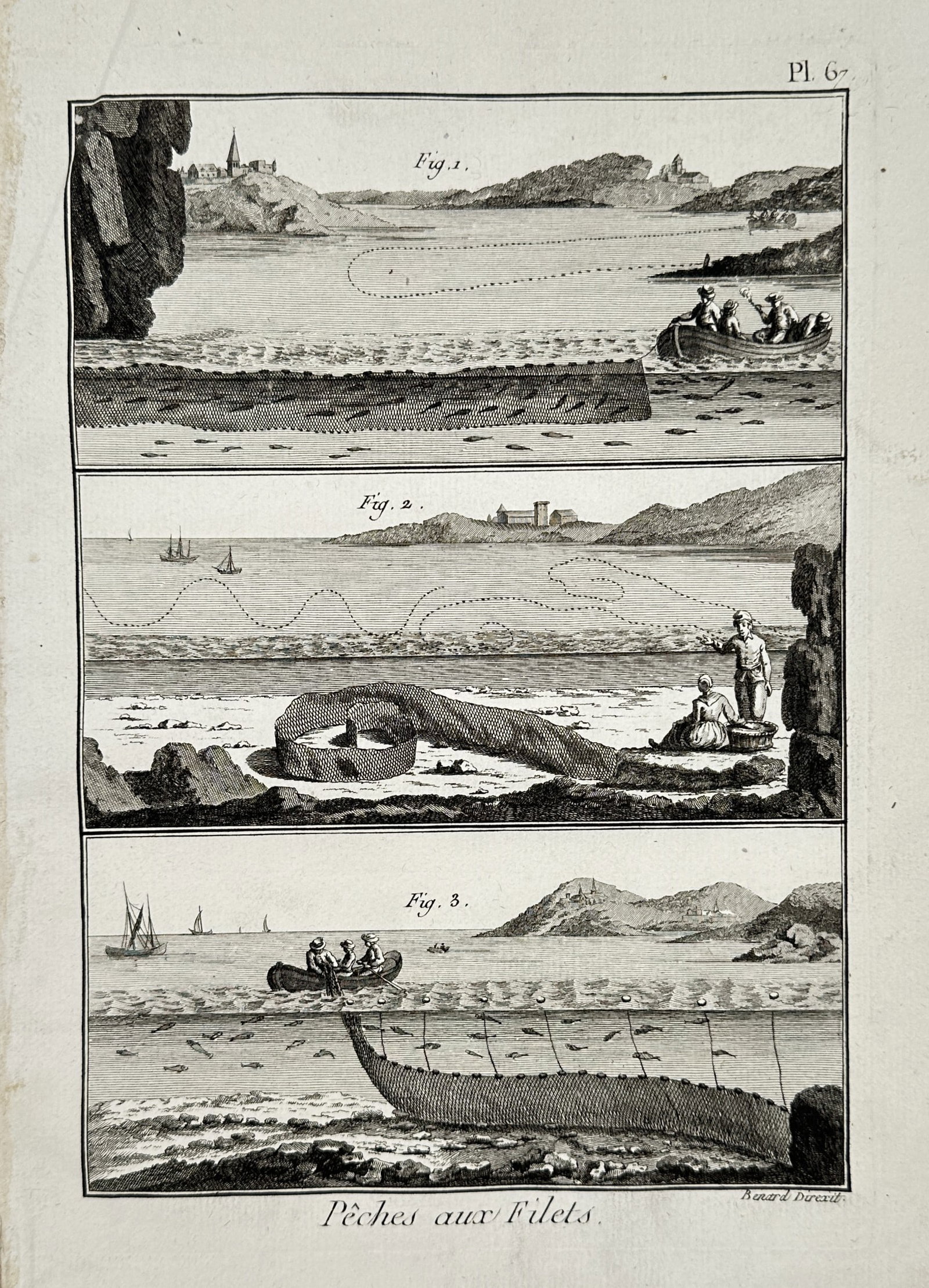 Robert Benard (1734-1785) – Pêches aux Filets – Engraving (1765): "Pêches aux Filets" illustrates three distinct methods of net fishing, depicting boats, coastal landscapes, and the mechanics of deploying nets in coastal waters. This work is a copperplate engraving