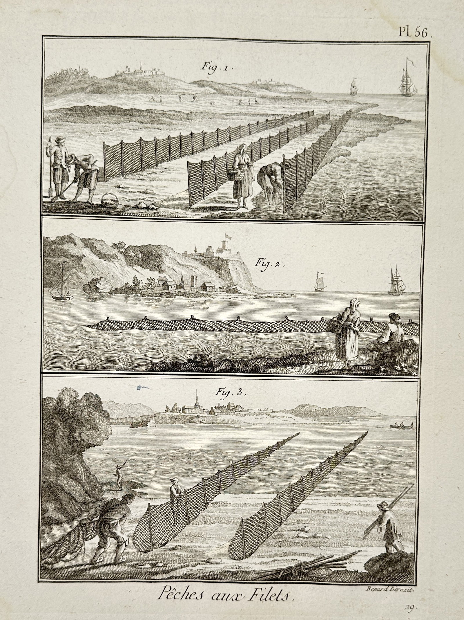 Robert Benard (1734-1785) – Methods of Net Fishing on a coastline – Engraving (1765): "Peches aux Filets" depicts various methods of net fishing with human figures on a coastline and vessels visible on the water. This work originates from the Encyclopedie, a reference text published in
