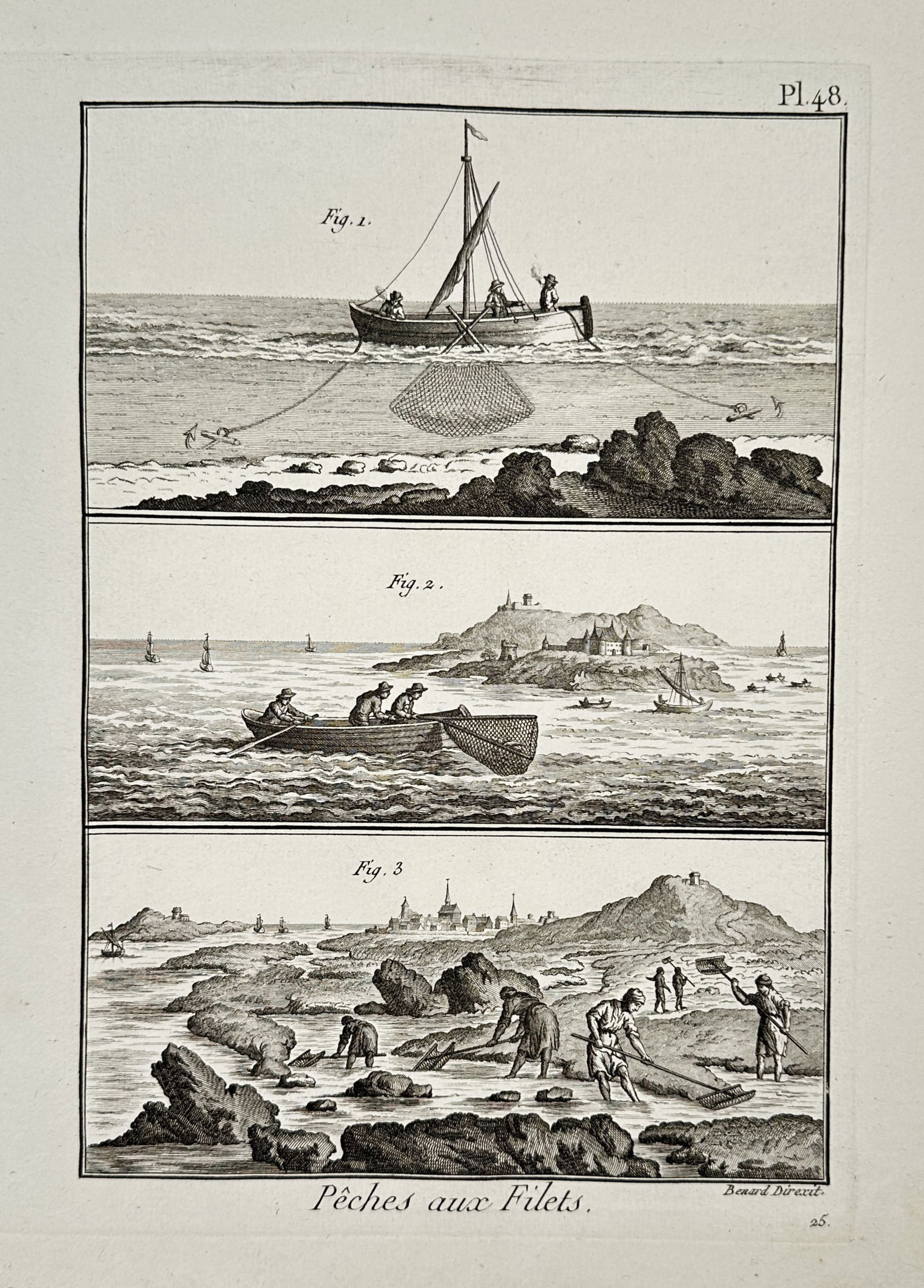 Robert Benard (1734-1785) – Various Methods of Net Fishing – Engraving (1765): "Peches aux Filets" depicts various net fishing scenes, including boat-based operations and manual shore-based net handling. This work originates from the Encyclopedie, a landmark reference work direc