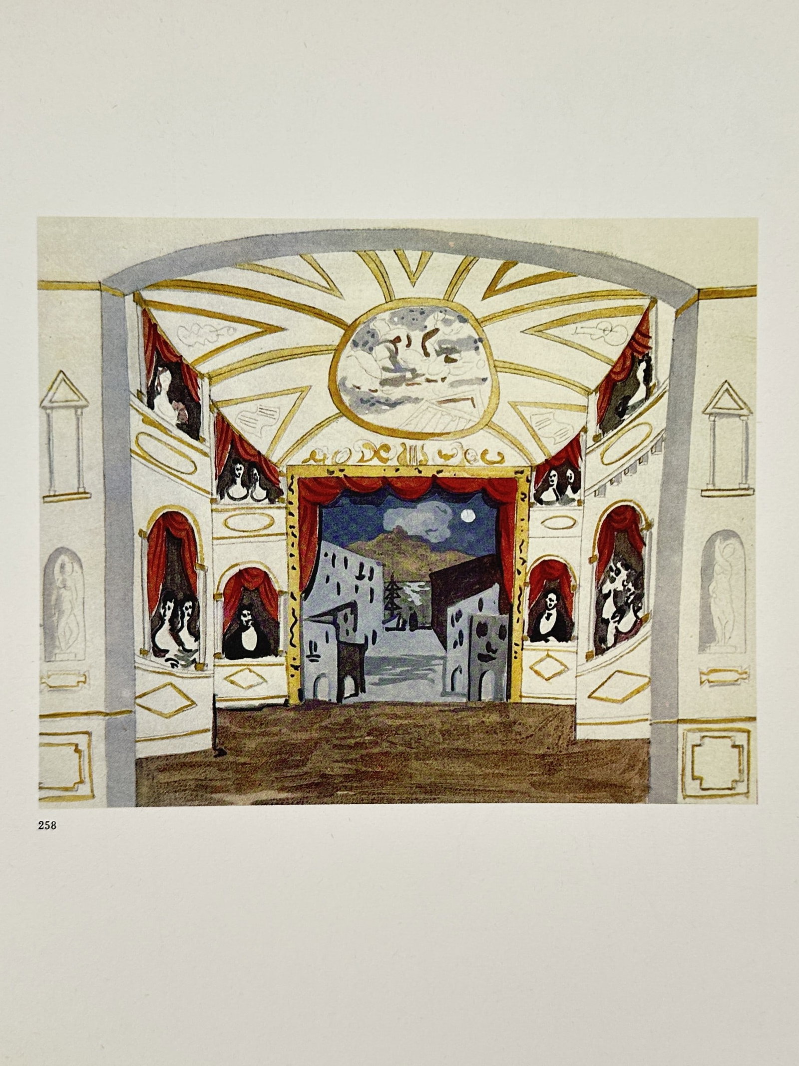 Pablo Picasso (1881-1973), after – Stage Set Design for Le Tricorne – Offset print (20th: Stage Set Design for Le Tricorne depicts an architectural theater stage setup featuring classical archways, decorative statues, and a central opening revealing a cityscape under a moonlit sky. This wo