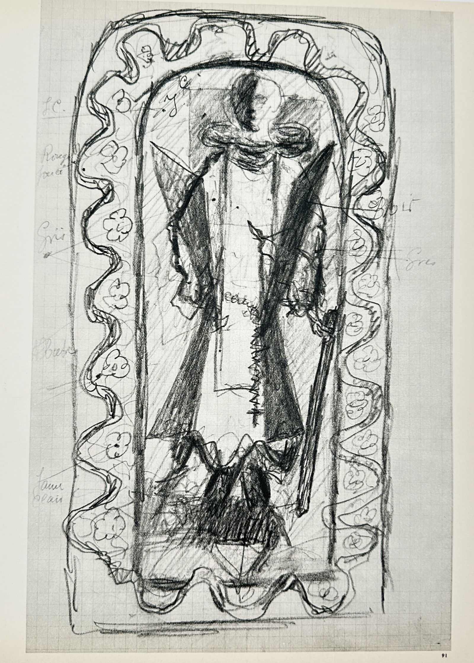 Georges Braque (1882-1963), after – Costume Design Sketch – Offset print (20th Century): Costume Design Sketch depicts a character in ornate theatrical dress framed by a decorative border on grid paper. This work is an offset print published in a collection of the artist sketches. Georges