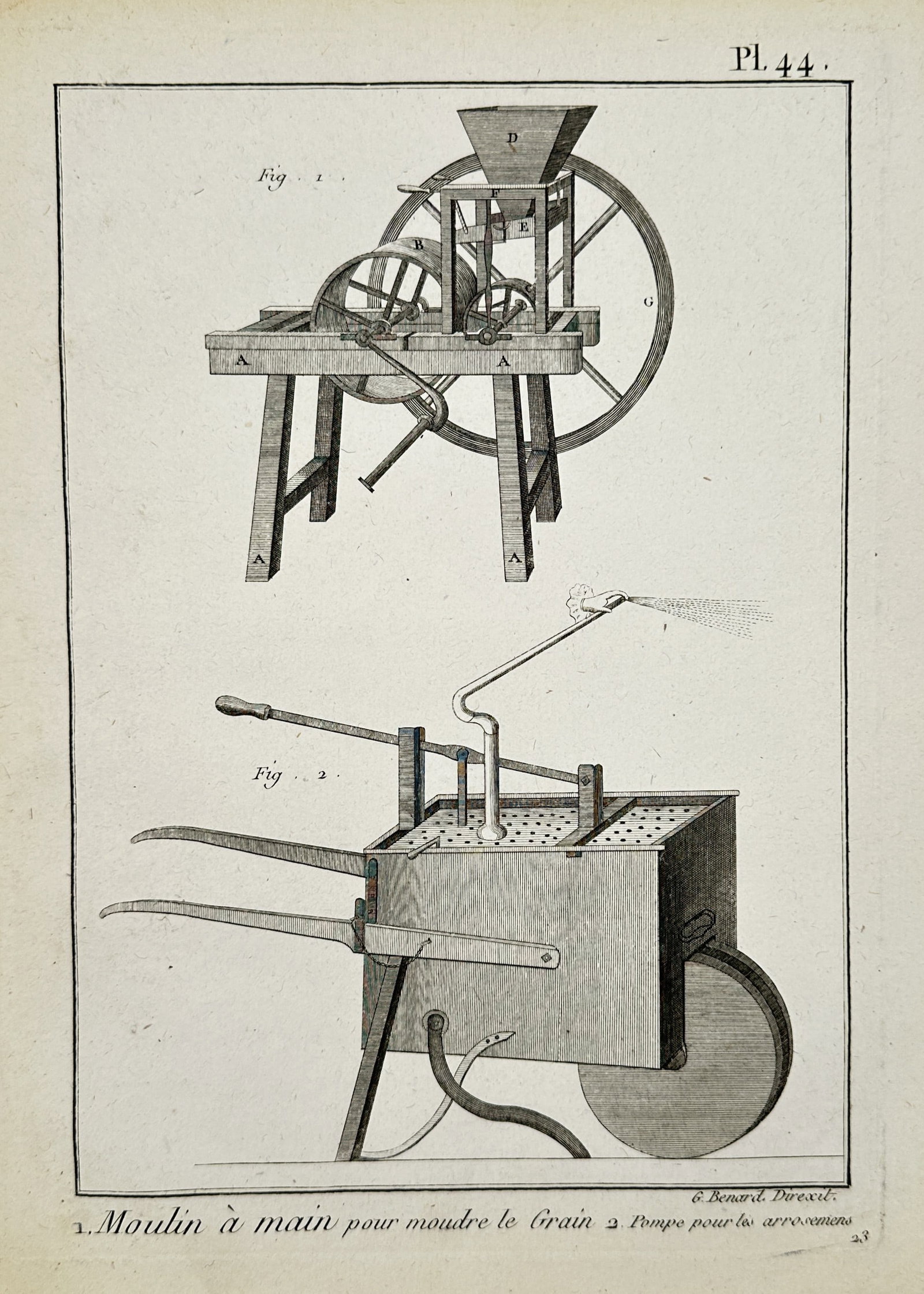 Robert Benard (1734-1777) – View of a Hand Mill and a Watering – Engraving (1765): "Moulin à main pour moudre le Grain / Pompe pour les arrosages" illustrates two distinct mechanical agricultural devices: a hand-powered grain mill and a portable water pump mounted on a wheel. This 