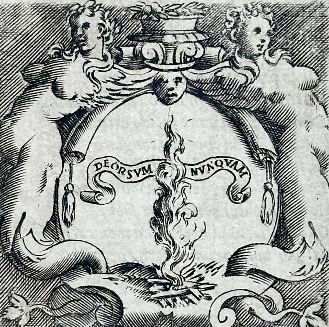 Girolamo Ruscelli (1504-1566) – Emblem of Claudia Rangona – Engraving (1583): "Di Claudia Rangona" displays a decorative emblem featuring a flame rising upward with the motto "Deorsum Nunquam," symbolizing virtue and aspiration. This engraving is from "Le Imprese Illustri," a n