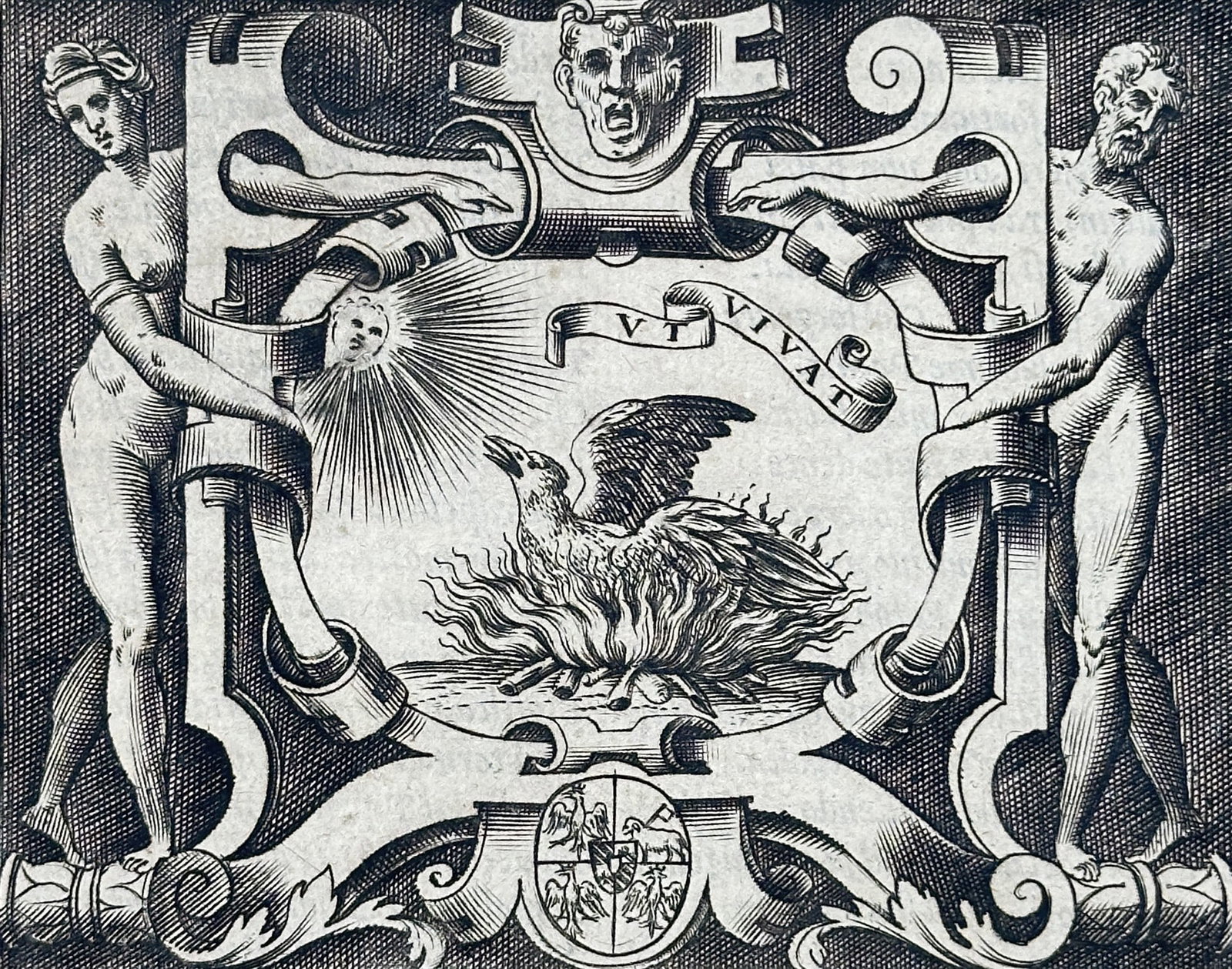 Girolamo Ruscelli (1504-1566) – Emblem of the Phoenix – Engraving (1583): Cristoforo Madruccio, Cardinal di Trento features a phoenix rising from flames, representing rebirth and immortality within the context of heraldic imprese. This illustration originates from Le Impres