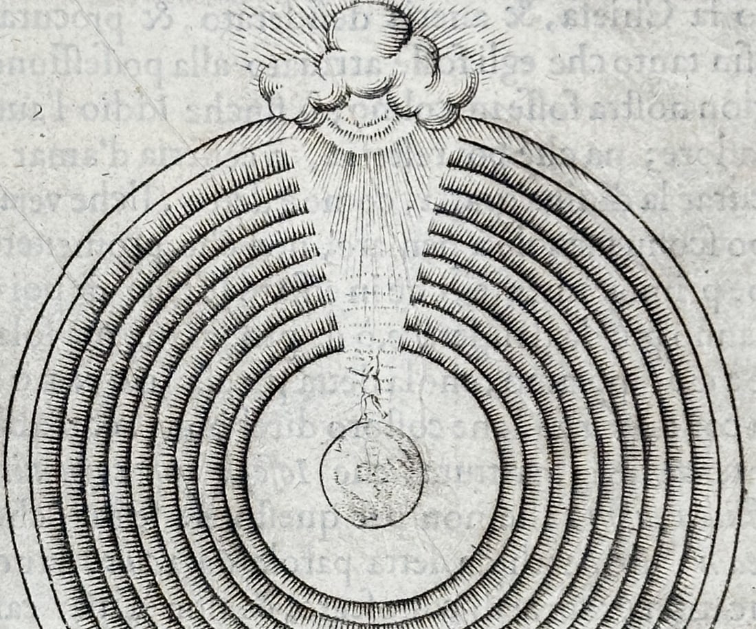 Girolamo Ruscelli (1504–1566) – Emblem of Enrico Secondo – Engraving (1583): "Di Enrico Secondo" features an emblematic illustration of the celestial spheres. This work originates from Le Imprese Illustri, a collection of heraldic devices published by Francesco de' Franceschi 