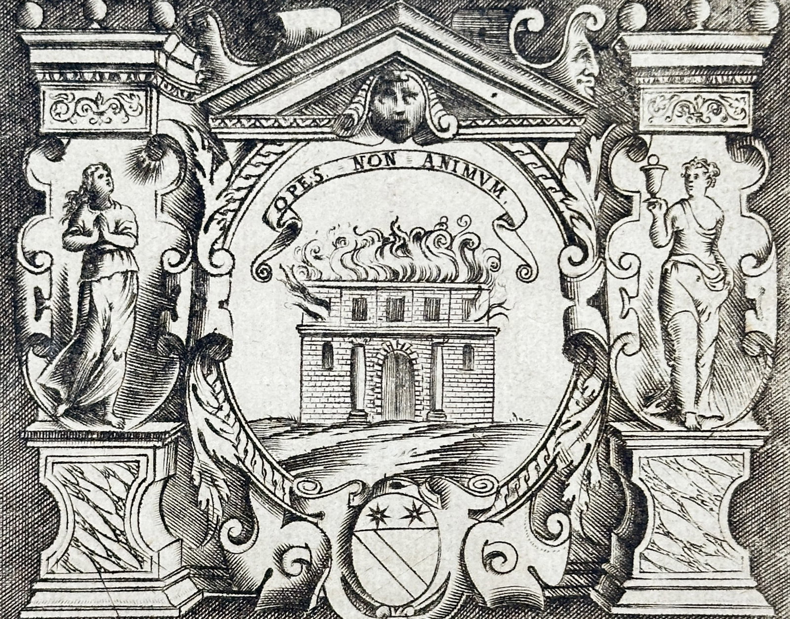 Girolamo Ruscelli (1504-1566) – Emblem of Ersilia Cortese – Engraving (1583): Di Ersilia Cortese de Montl features an emblematic illustration of a burning structure within an ornamental frame. This engraving is from Le Imprese Illustri, a collection of heraldic devices and embl