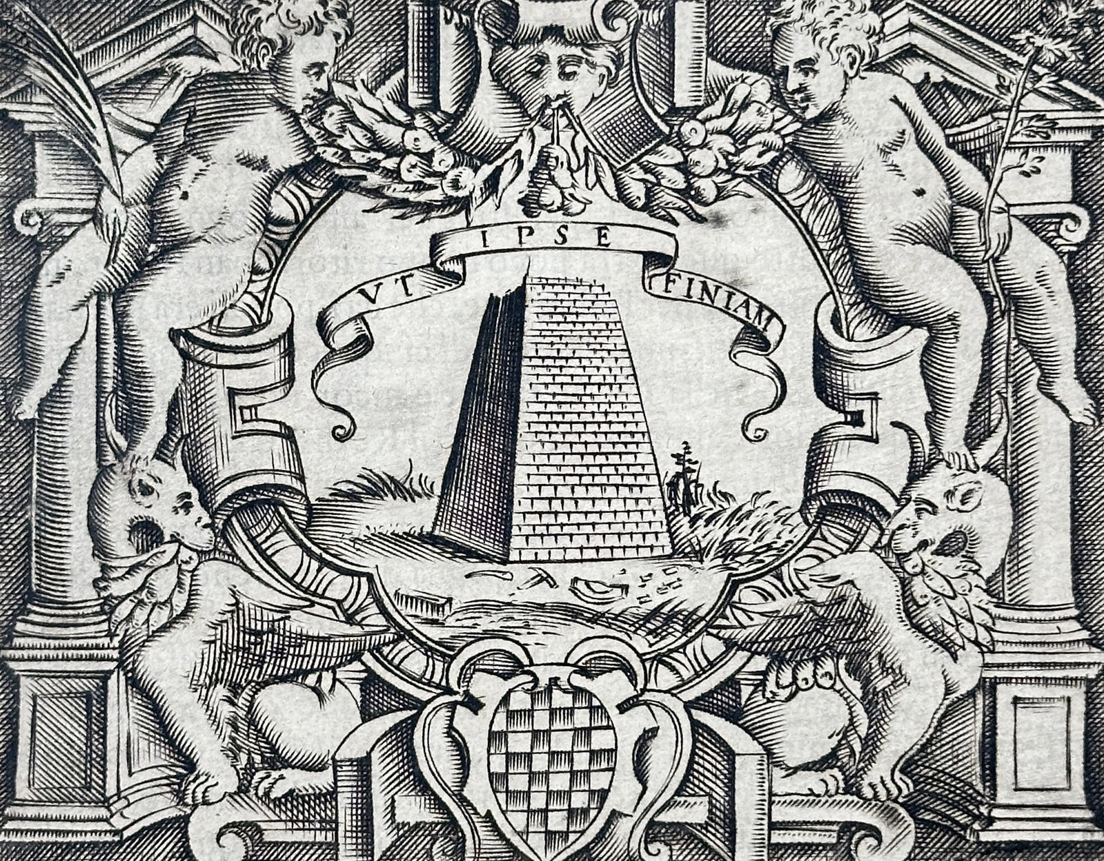 Girolamo Ruscelli (1504-1566) – Emblem of Conte Fabio de Pepoli – Engraving (1583): "Il Conte Fabio de Pepoli" features an emblematic illustration of a pyramid within an ornamental frame. This engraving is from Le Imprese Illustri, a collection of heraldic devices and emblems publish