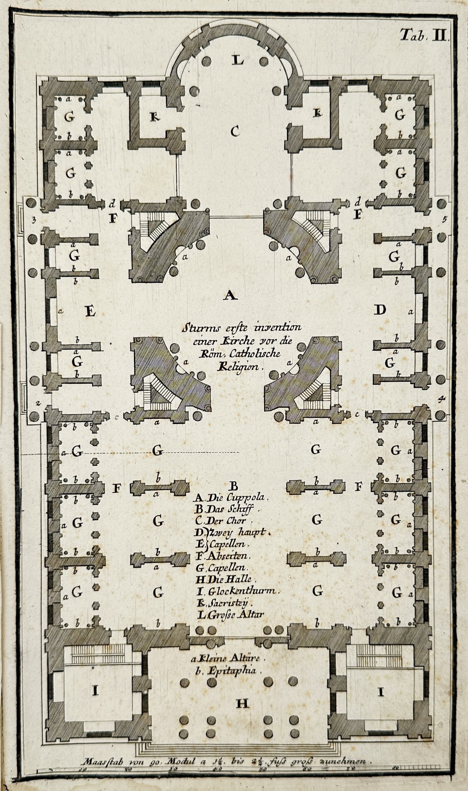 Leonhard Christoph Sturm (1669-1719) – Floor Plan of a Roman Catholic Church – Engraving: Sturms erste invention einer Kirche vor die Röm. Catholische Religion illustrates the intricate floor plan of a Roman Catholic church, detailing the cupola, chancel, chapels, and sacristy. This engra