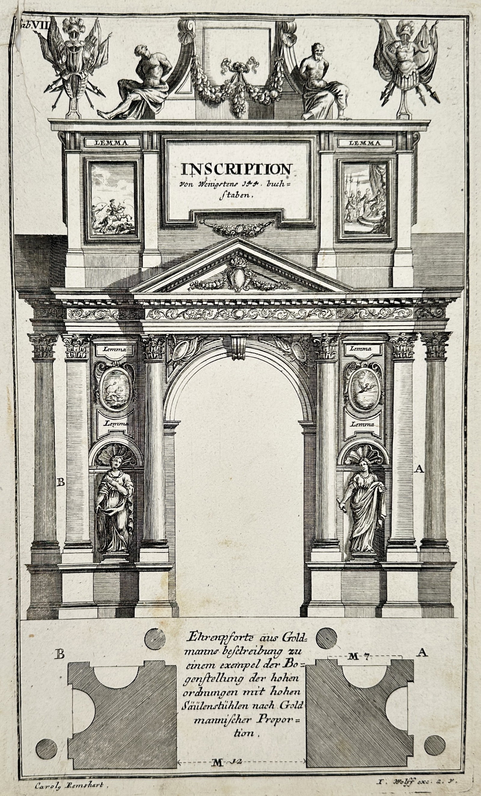Leonhard Christoph Sturm (1669-1719) – Architectural Elevation of a Triumphal Arch – Engraving: "Ehrenpforte aus Goldmanns beschreibung" illustrates the detailed elevation of a ceremonial triumphal arch designed according to the classical orders, including specific proportions and ornamentation.