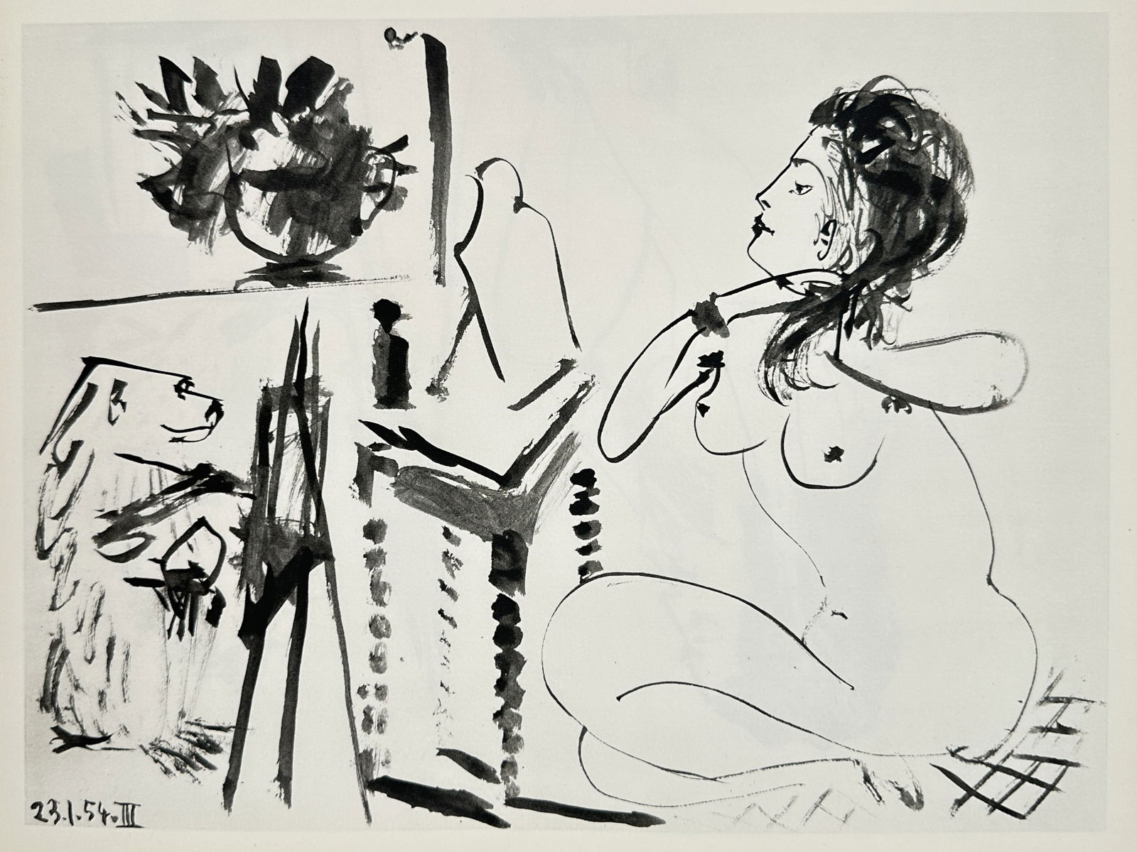 Pablo Picasso (1881-1973), after – Woman with an Artist at an Easel – Offset print (20th: The work depicts a seated female figure alongside an artist painting at an easel. The scene is rendered in an expressive, minimalist style characteristic of the mid-20th century. Pablo Picasso was a S