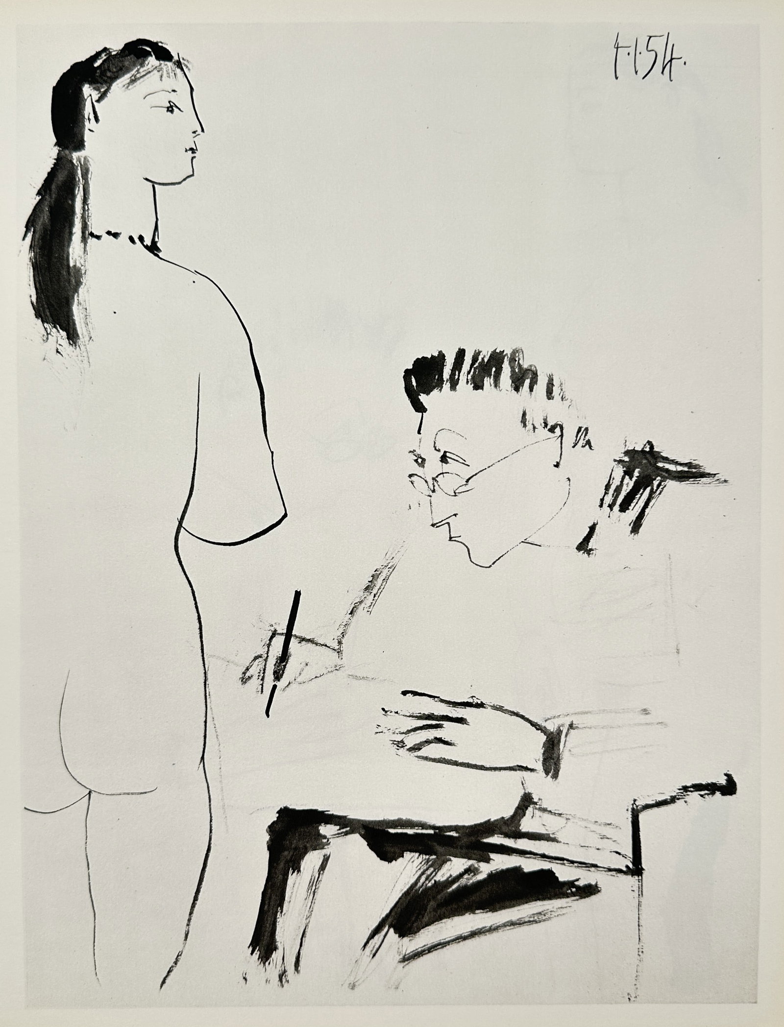 Pablo Picasso (1881-1973), after – Artist Sketching a Standing Model – Offset print (20th: "Artist Sketching a Standing Model" depicts an artist seated and sketching a standing female nude model in a studio environment. Pablo Picasso was a Spanish painter, sculptor, and printmaker who co-fo