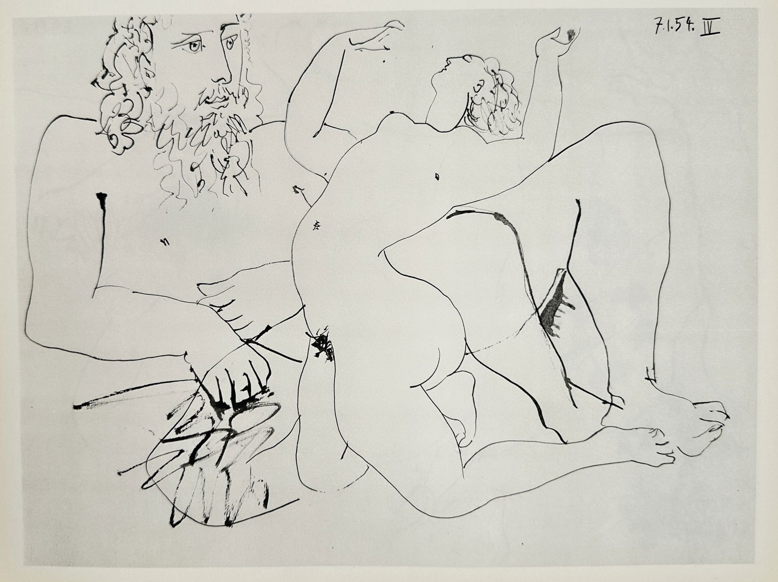 Pablo Picasso (1881-1973) – A Bearded Figure and Reclining Woman – Offset print (20th Century): "7.1.54. IV" depicts a bearded male figure interacting with a reclining female figure. The work reflects the artist's focus on classical themes and the human form. Pablo Picasso was a Spanish painter,
