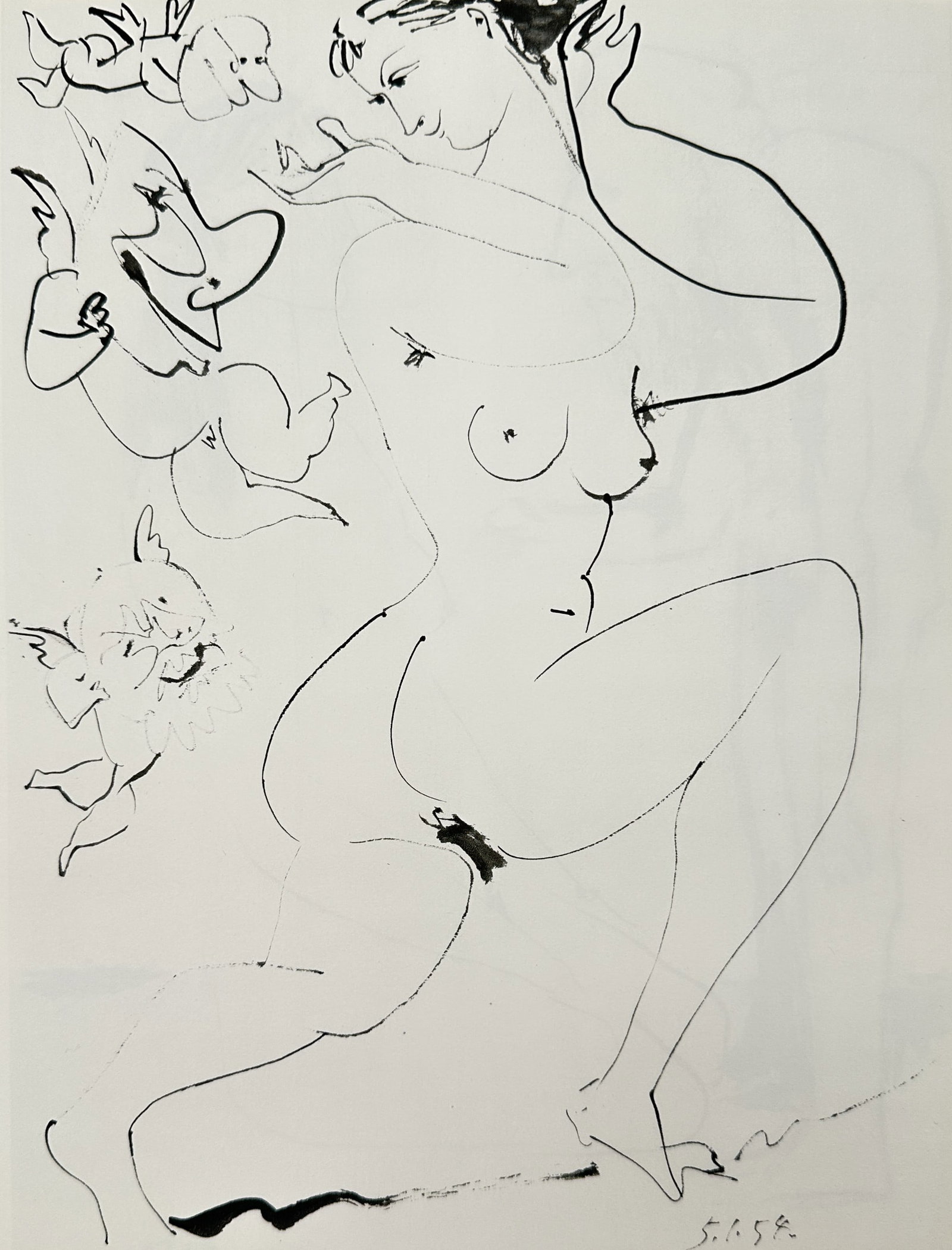 Pablo Picasso (1881-1973) – Study of a Woman with Cherubs – Offset print (20th Century): 5.1.54 depicts a woman in a dynamic pose accompanied by three winged figures. This lithograph reflects the artist's exploration of mythological themes and his fluid approach to the human form. Pablo P