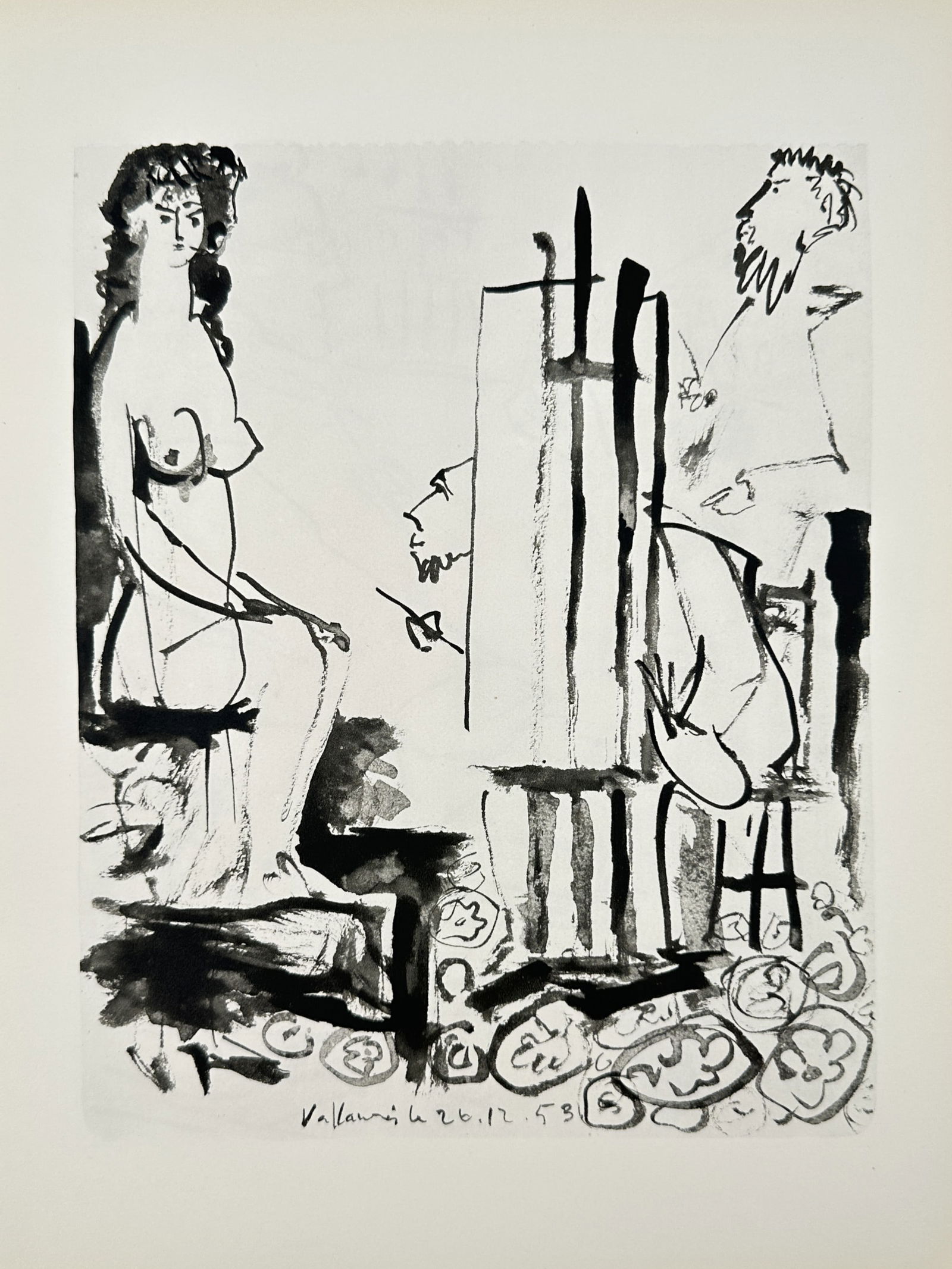 Pablo Picasso (1881-1973) – Study of an Artist and Model in a Studio – Offset print (20th: Vallauris 26.12.53 depicts an artist painting a female model positioned before an easel in a studio setting. This lithograph reflects the artist's focus on the creative process and the relationship be