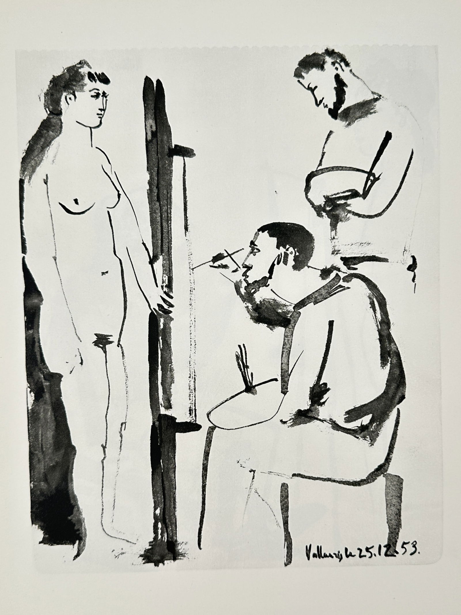 Pablo Picasso (1881-1973) – Artist Painting a Model with an Observer in a Studio – Offset print: "Vallauris 25.12.53" depicts an artist seated before an easel painting a standing female model, with an observer standing behind the artist. This work is a lithograph created during the artist's time