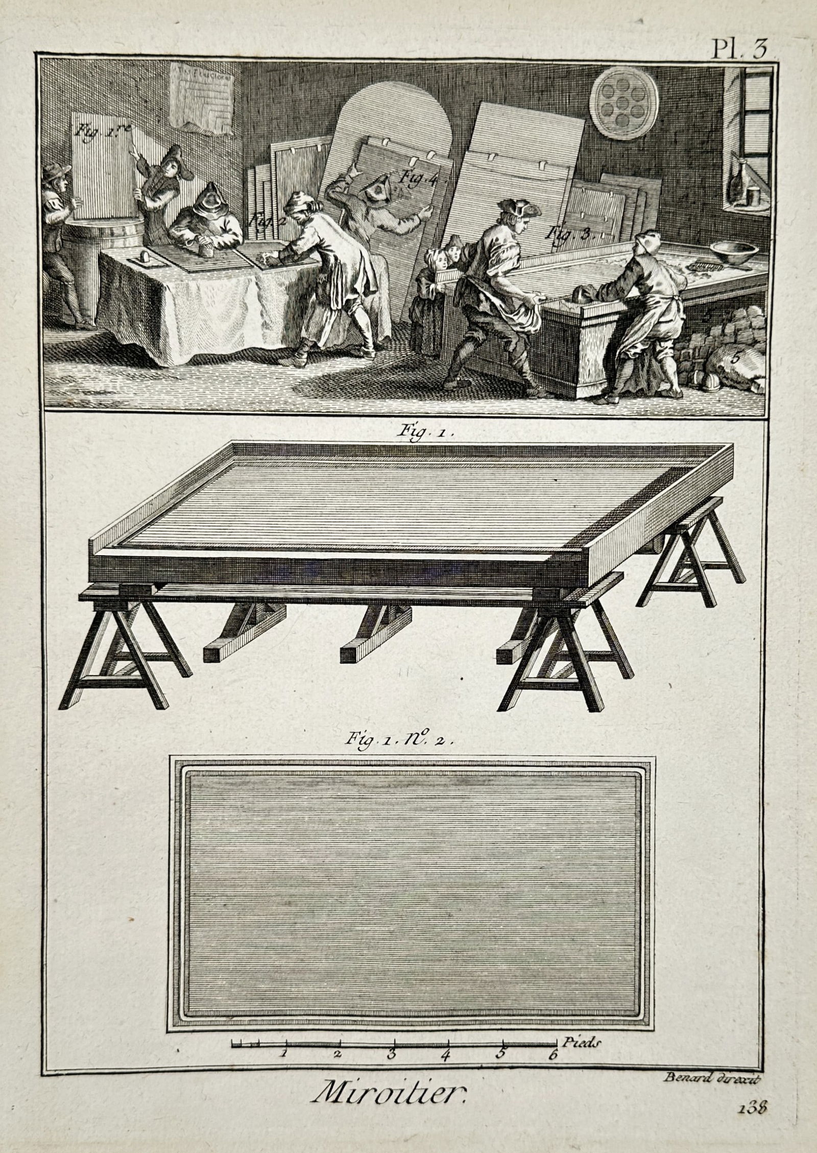 Robert Benard (1734-1777) – Technical Illustration of Mirror Making – Engraving (18th Century): "Miroitier" depicts the workshop environment and technical procedures utilized by mirror makers, featuring workers preparing glass surfaces on large tables. This engraving appears in the Recueil de Pl