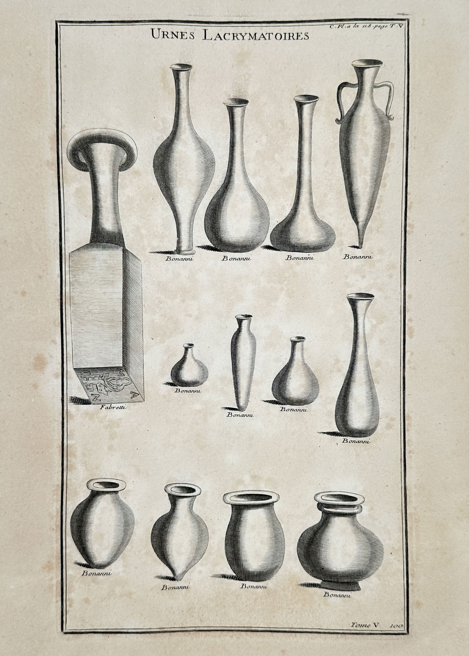 Bernard de Montfaucon (1655-1741) – Illustration of Roman Lacrimatory Urns – Engraving (1719) (1 of 2)